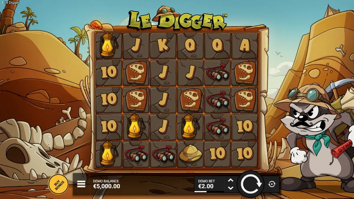 Tampilan visual slot Le Digger dengan karakter Smokey si raccoon di latar gurun.