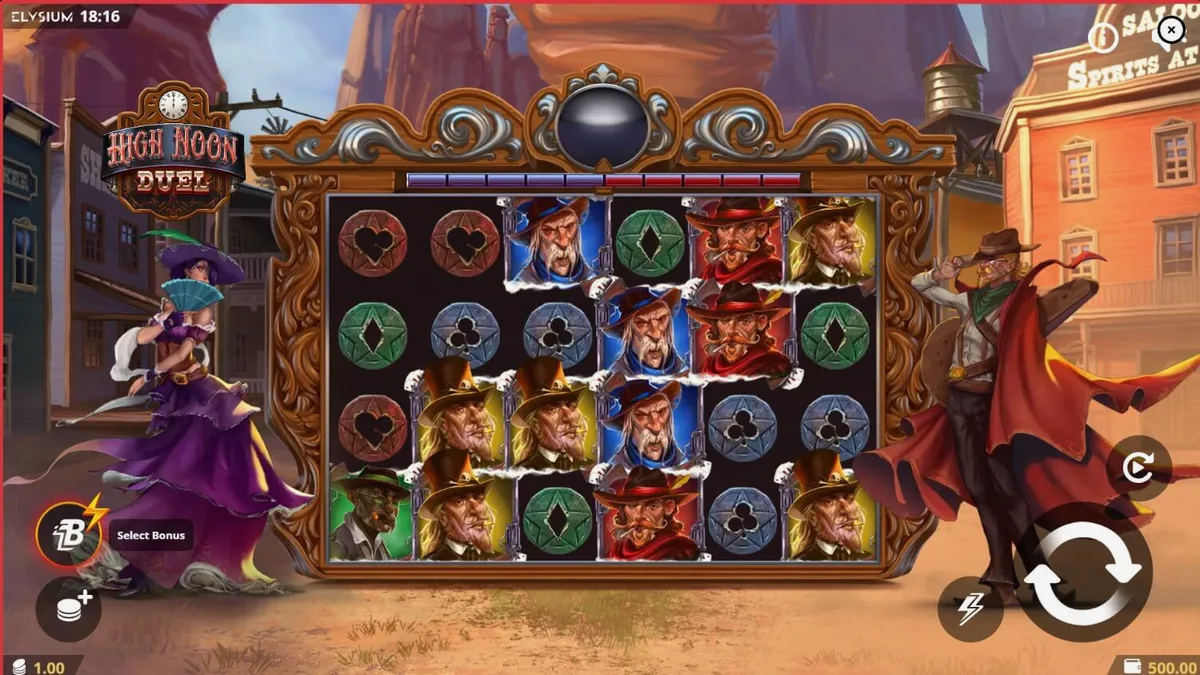 Tampilan visual slot High Noon Duel dengan latar belakang padang pasir Wild West
